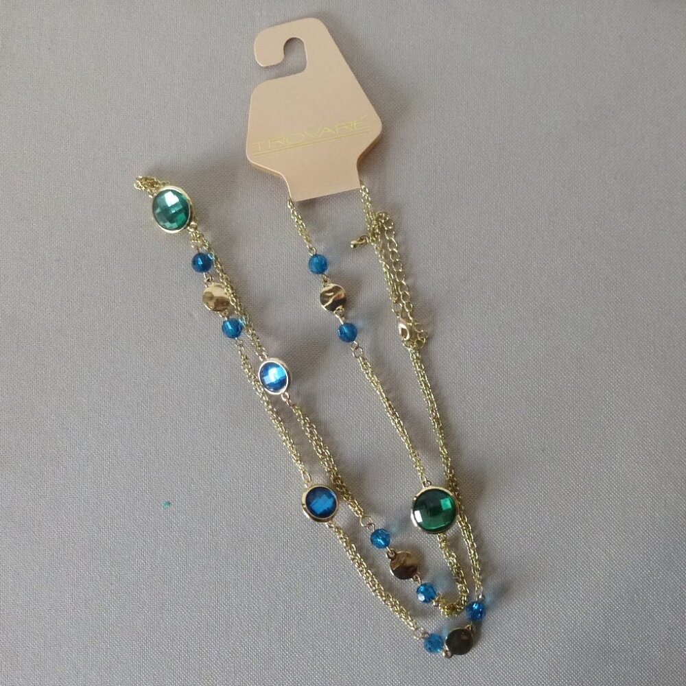 Necklace Blue , Green Crystals Gold Tone Chain 34" Length